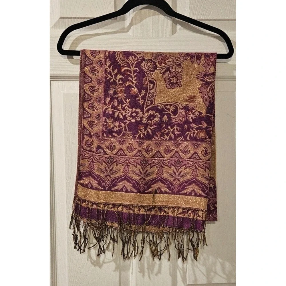Pashmina 100% Pashmina‎ Shawl Wrap Scarf Purple Gold Metallic Fringe